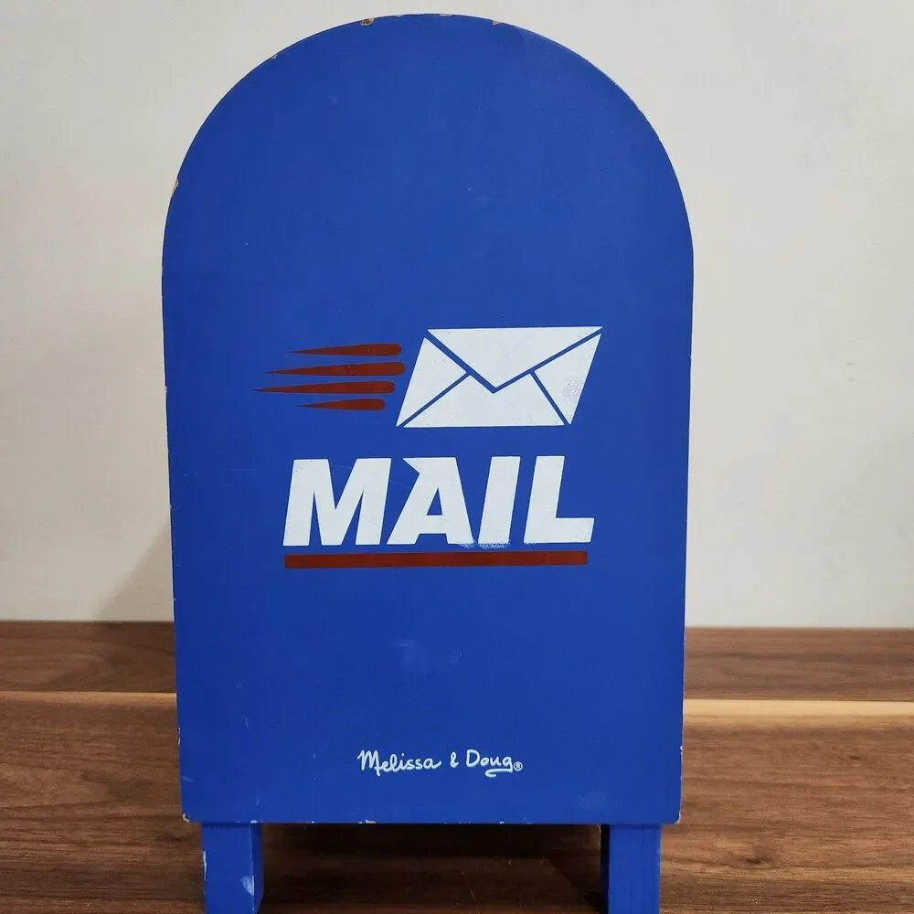 Melissa & Doug Stamp & Sort Post Office Wood Mailbox Letters Stamps Key Postcard